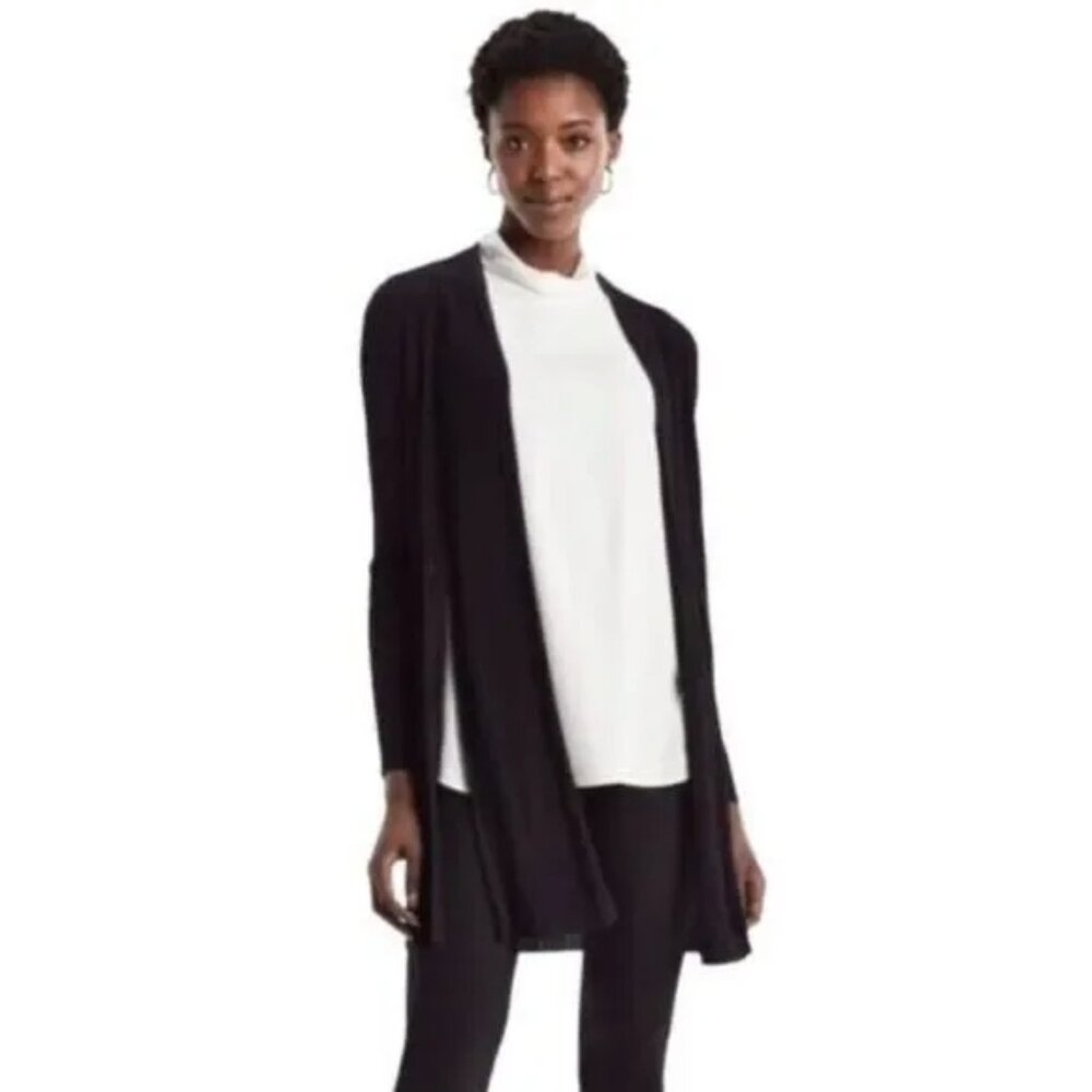 MM Lafleur Blue Graham Jersey Knit Side Slit Duster Black Cardigan Size Large